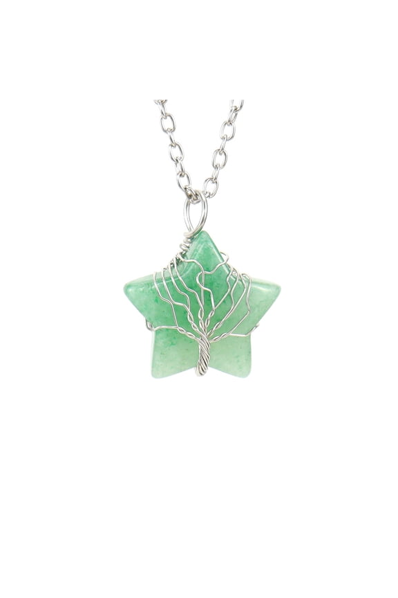 Life Tree Necklace Pendant, Men's and Women's Necklace Jewelry, Handmade, Natural Crystal Raw Stone, Five pointed Star, Twisted Line Life Tree Pendant Necklace (Green)