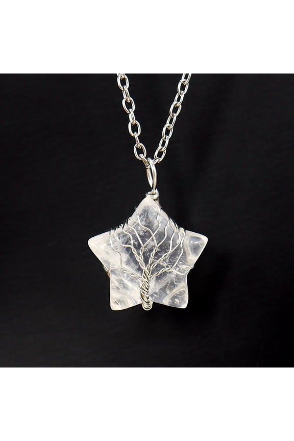 Life Tree Necklace Pendant, Men's and Women's Necklace Jewelry, Handmade, Natural Crystal Raw Stone, Five pointed Star, Twisted Line Life Tree Pendant Necklace (White)