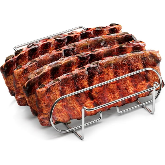 ERDOUY Non-Stick Rib Rack - Porcelain Coated Steel Roasting Stand  Holds 4 Rib Racks for Grilling & Barbecuing - Perfect BBQ Accessories for Smoker and Grill - Durable and Convenient Design