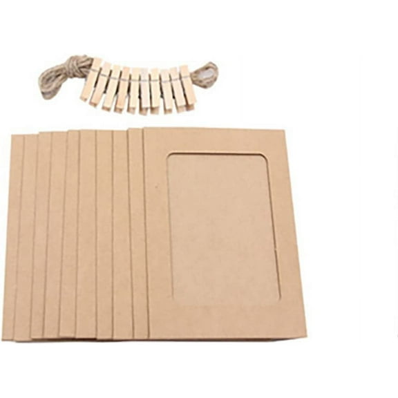 ERDOUY Paper Picture Photo Frame, 10pcs Hanging Photo Display Frames for 4x6in Photo, Kraft Photo Frames 10 Clothespins with 1 Ropes for Home Wall Decor, School and Office Decor