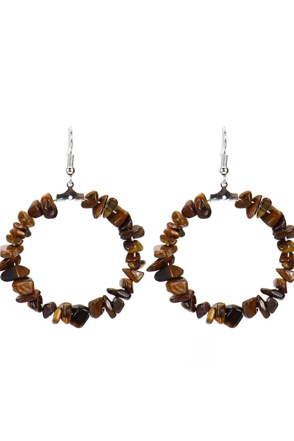 Personalized Natural Stone Earrings, Colorful Natural Stone Geometric Irregular Gravel Beaded Earrings, Circular Earrings (Brown)