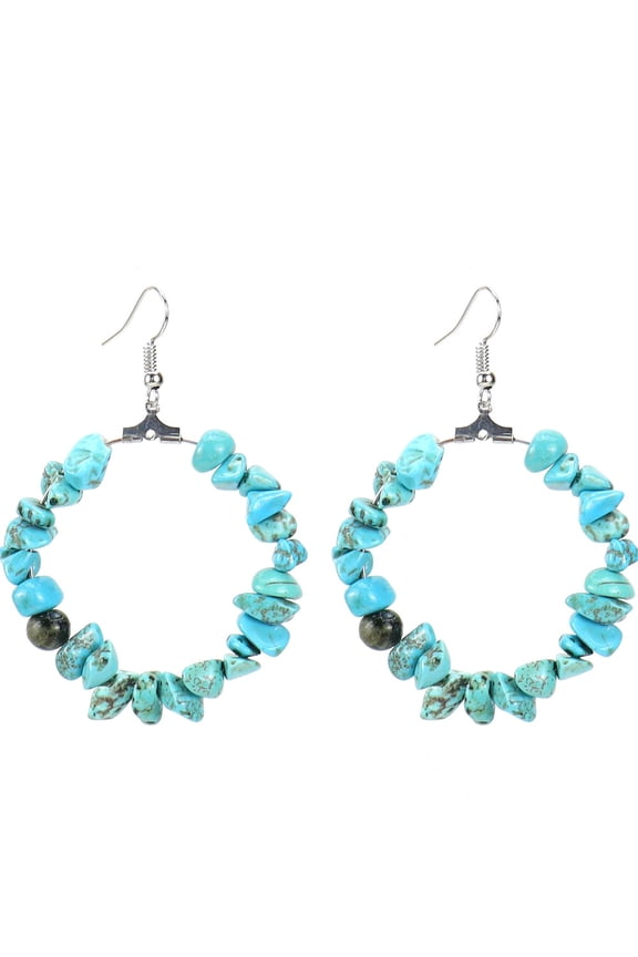 Personalized Natural Stone Earrings, Colorful Natural Stone Geometric Irregular Gravel Beaded Earrings, Circular Earrings (Light Blue)