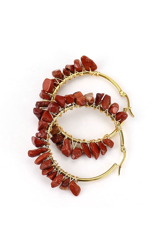 Personalized Natural Stone Earrings, Gold Large Ring Earrings with Corded Natural Stone Crystal Earrings (Deep Red)