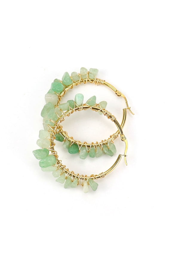 Personalized Natural Stone Earrings, Gold Large Ring Earrings with Corded Natural Stone Crystal Earrings (Green)