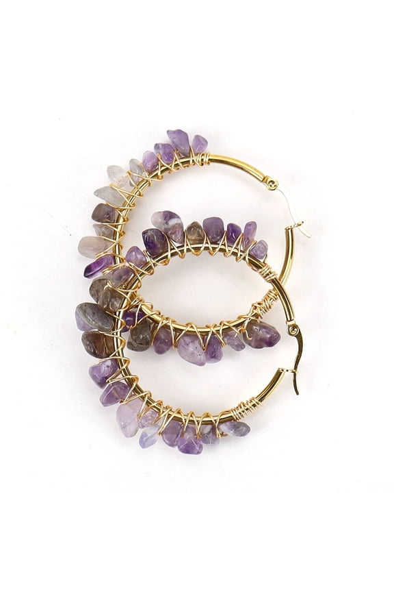 Personalized Natural Stone Earrings, Gold Large Ring Earrings with Corded Natural Stone Crystal Earrings (Purple)