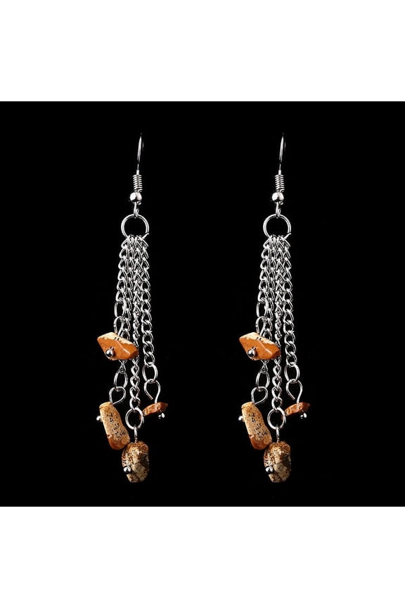 Personalized Natural Stone Earrings, Handmade Natural Crystal Stone Multi layer Chain Tassel Beaded Earrings (Brown)