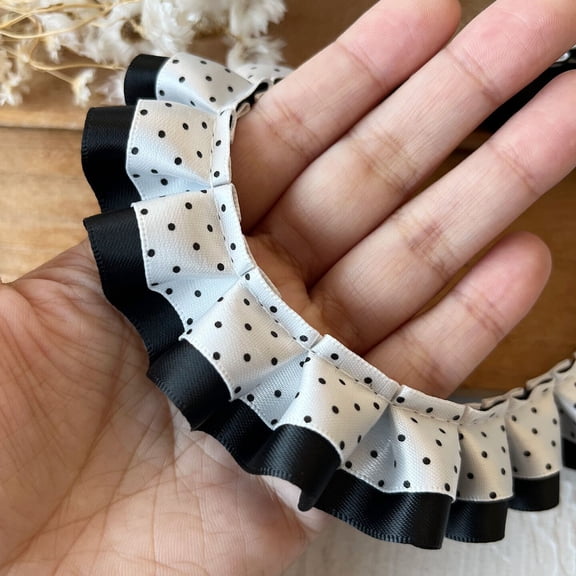ERDOUY Polka Dot Pleated Lace Trimming Double Layer 118.110.98 Inch, Vintage Decorative Edge Lace Ribbon for Clothing, Home Decor & Craft Projects,Black White