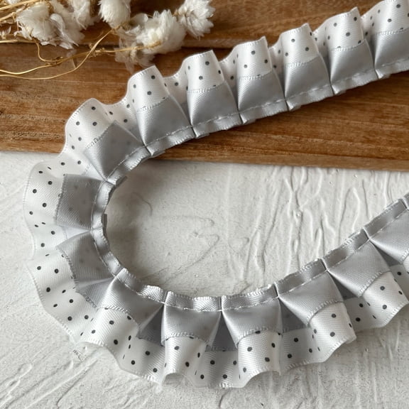 ERDOUY Polka Dot Pleated Lace Trimming Double Layer 118.110.98 Inch, Vintage Decorative Edge Lace Ribbon for Clothing, Home Decor & Craft Projects,Grey White