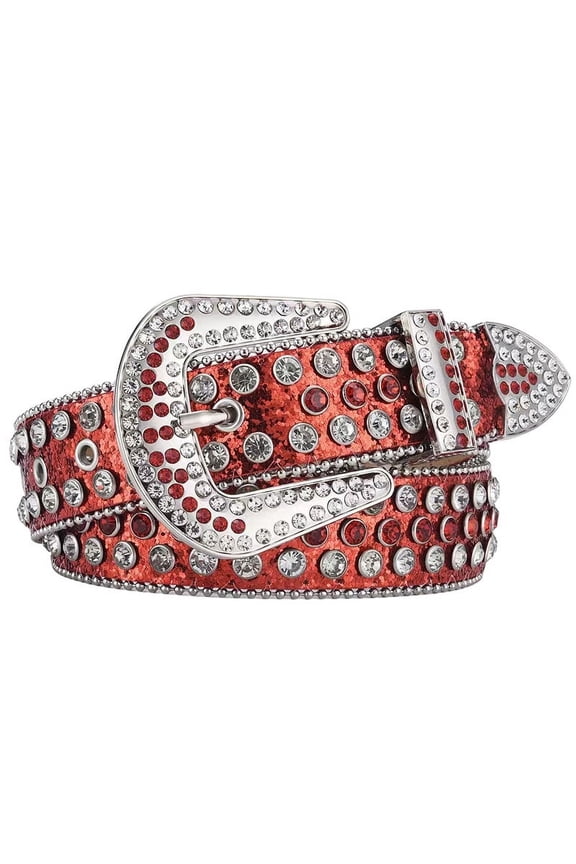 Rhinestone Belts for Women, Diamond Belt Bling Belts for Women with Sequin Western Cowboy Belts for Jeans (Red)