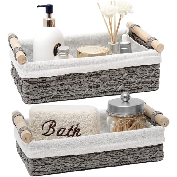 ERDOUY Round Paper Rope Storage Basket, Wicker Baskets for Organizing with Handle, Decorative Bins for Countertop, Toilet Paper Basket for Toilet Tank Top, Small Baskets Set 11.8*7.8*3.9inche (Gray)