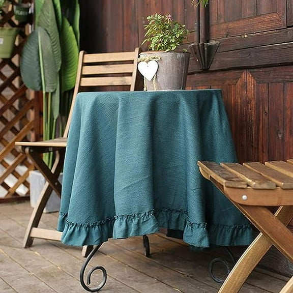ERDOUY Rustic Solid Round Tablecloth with Ruffle Trim Linen Textured Table Cover for Kitchen Dining, Party, Holiday, Christmas, Buffet (Dark Blue, Diameter 59")