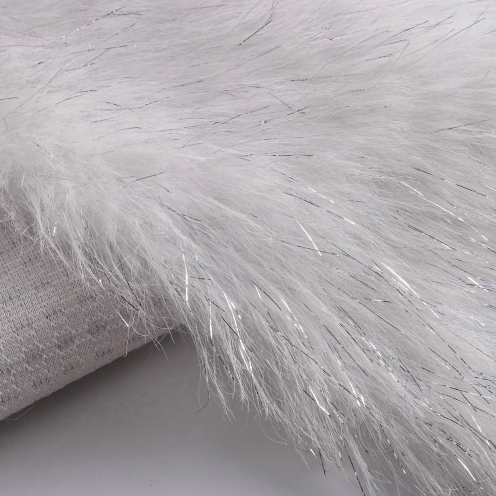 ERDOUY Shiny Silver Filamentary Long Pile Plush Fabric 39x63 Inch, Soft Fluffy Faux Fur Fabric Ideal for DIY Craft Projects, Costumes, Bags, Carpets & Home Decor, White