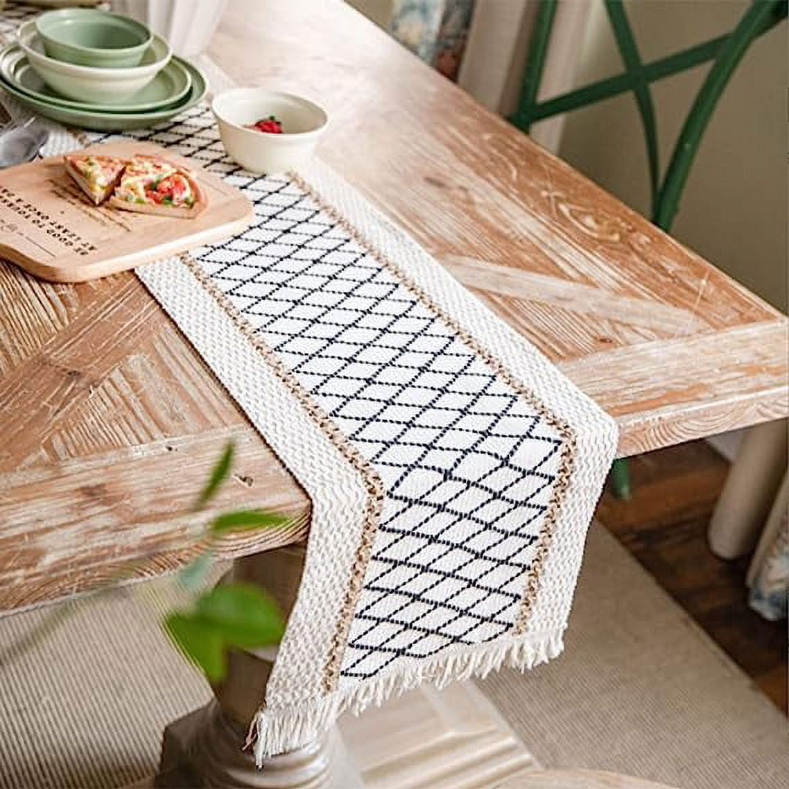 Boho Black and Beige Cotton Linen Table Runner with Tassels