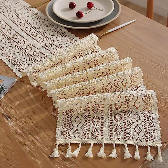 ERDOUY Table Runner, Boho Table Runner Cotton Linen Table Decorations, Farmhouse Table Runners with Tassels for Bohemian Wedding Bridal Shower Rustic Home Dining Table Decor (Beige/Fringe, 12x90)
