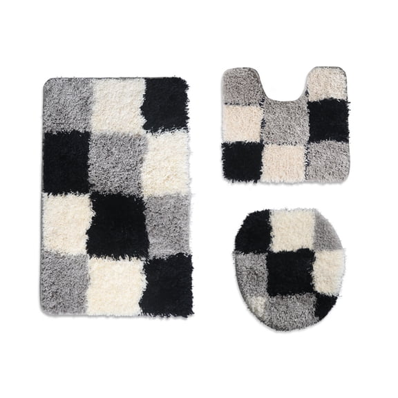 ERDOUY Three-piece setLuxury Bathroom Rug Mat, Extra Soft and Absorbent Microfiber Bath Rugs, Non-Slip Plush Shaggy Bath Carpet, Machine Wash Dry, Bath Mats for Bathroom Floor,Grid -Grey
