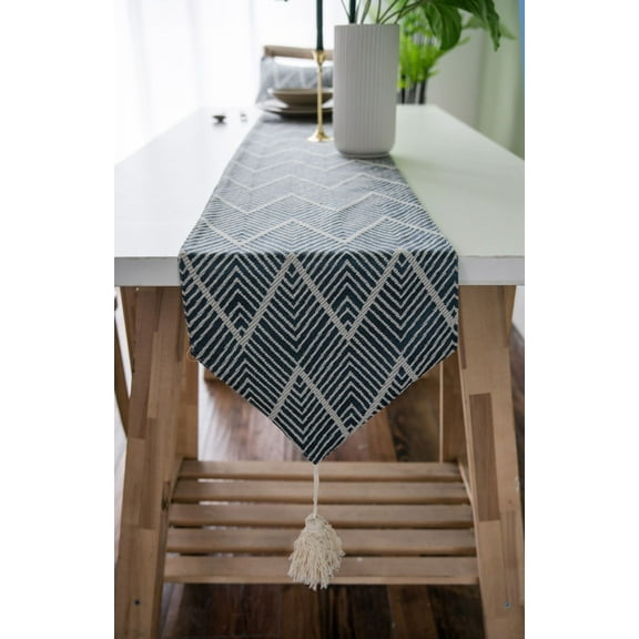 ERDOUY Triangle Tassel Table Runner Green Wave Nordic Jacquard Geometric Table Flag Tassel Fashion Tea Flag Meal Flag Long Strip Polyester Cotton Tablecloth,Blue 11.81*55inch
