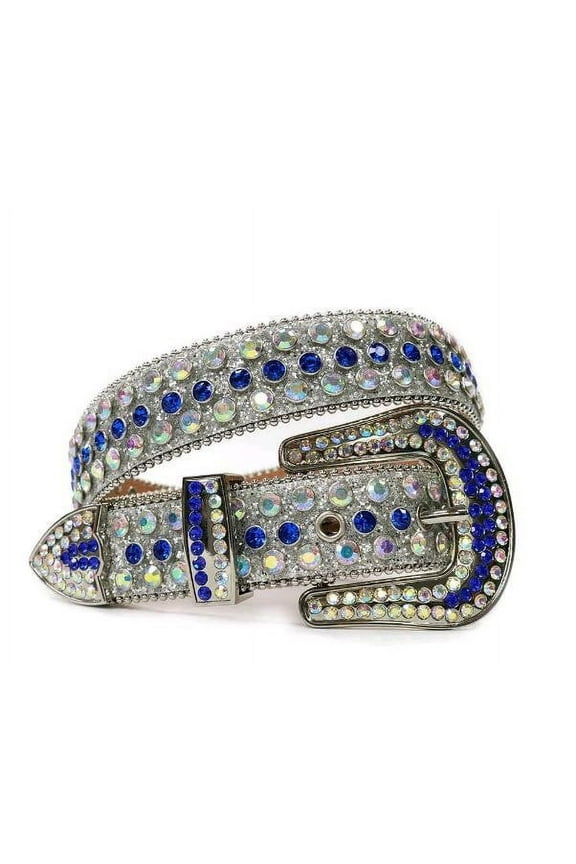 Western Men Women Rhinestone Belts Bling Crystal Studded Leather Belt For Pants Jeans (White AB Blue)