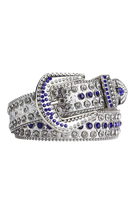 Western Men Women Rhinestone Belts Bling Crystal Studded Leather Belt For Pants Jeans (White Blue)