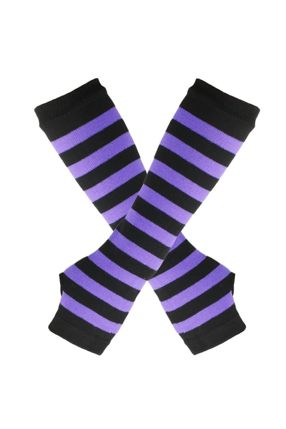 Women Striped Long Fingerless Gloves, Winter Knitted Arm Warmers For Punk Rock/Cosplay/Goth/Christmas Party -Black Purple A