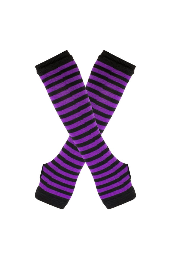 Women Striped Long Fingerless Gloves, Winter Knitted Arm Warmers For Punk Rock/Cosplay/Goth/Christmas Party -Black Purple