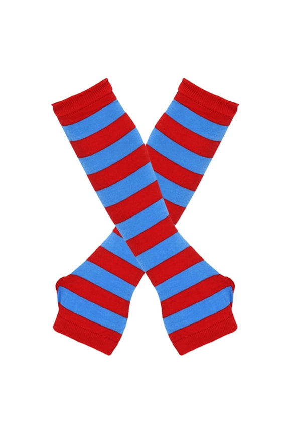 Women Striped Long Fingerless Gloves, Winter Knitted Arm Warmers For Punk Rock/Cosplay/Goth/Christmas Party -Blue Red A