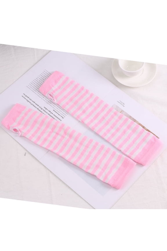 Women Striped Long Fingerless Gloves, Winter Knitted Arm Warmers For Punk Rock/Cosplay/Goth/Christmas Party -Pink White