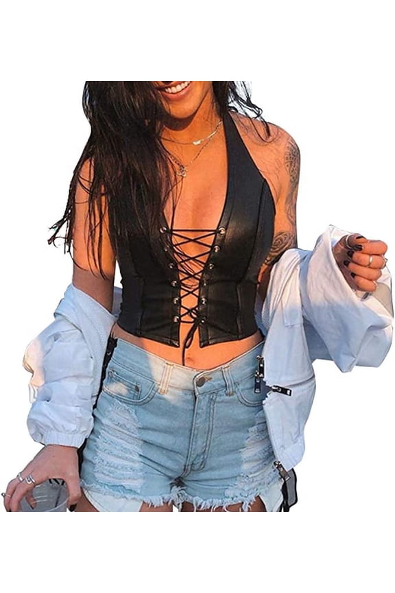 Women's Adjustable Spaghetti Straps PU Leather Bustier Crop Tube Top