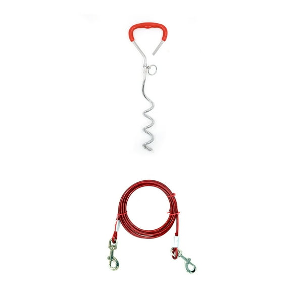 ERDOUY dog leash and wooden stake set with red handle for yard use. Suitable for large dogs. Outdoor dog ground anchor for yard camping, park, beach (red)