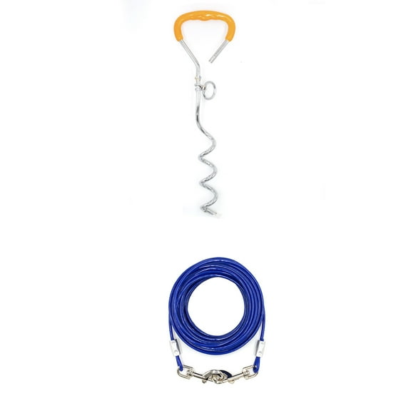 ERDOUY dog leash and wooden stake set with yellow handle, suitable for large dogs in yards, outdoor dog ground anchor, used for yard camping, parks, beaches (blue)