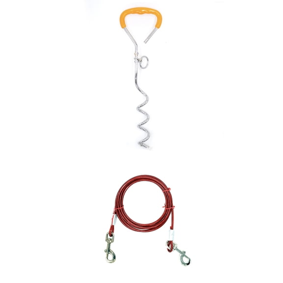 ERDOUY dog leash and wooden stake set with yellow handle, suitable for large dogs in yards, outdoor dog ground anchor, used for yard camping, parks, beaches (red)