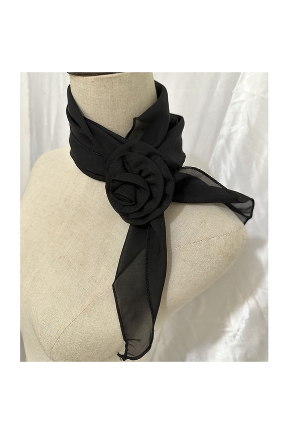 elegant and personalized scarf, long small scarf with rose buckle collar decoration, artistic style dressing scarf (black)
