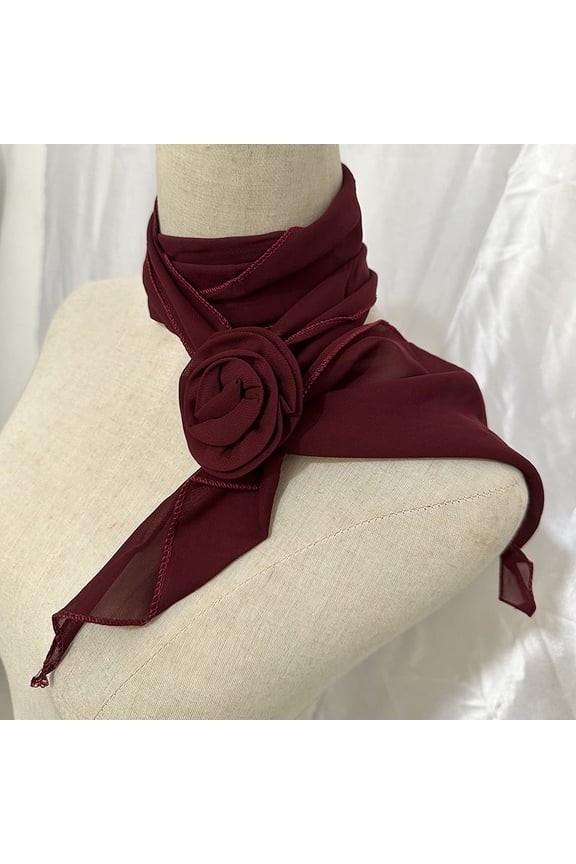 elegant and personalized scarf, long small scarf with rose buckle collar decoration, artistic style dressing scarf (deep red)