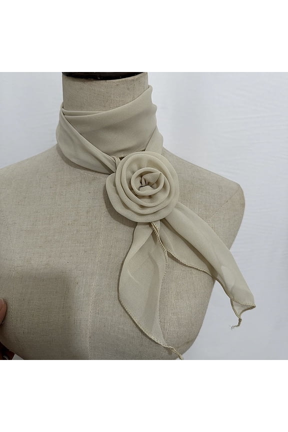 elegant and personalized scarf, long small scarf with rose buckle collar decoration, artistic style dressing scarf (gray white)