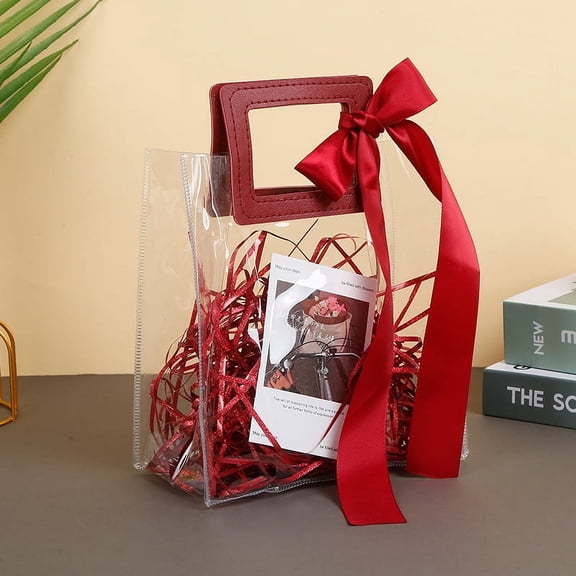 ERDOUY gift, flowers, gift box packaging bag, transparent PVC handbag, wedding companion gift bag, June 1st gift bag (red large handle, large size)