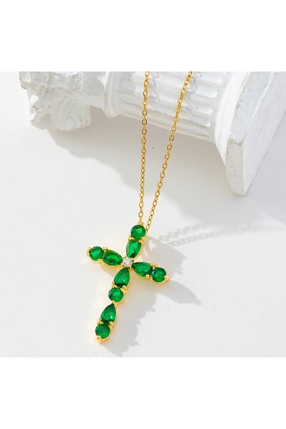 handmade necklace pendant, suitable for both men and women, droplet shaped colored zircon cross pendant necklace (green)