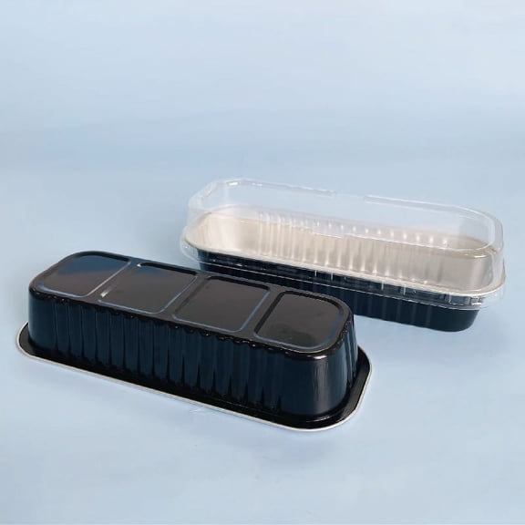 ERDOUY mini bread tray with plastic cover, 100 pieces, 6.8 oz, rectangular aluminum foil baking tray - black