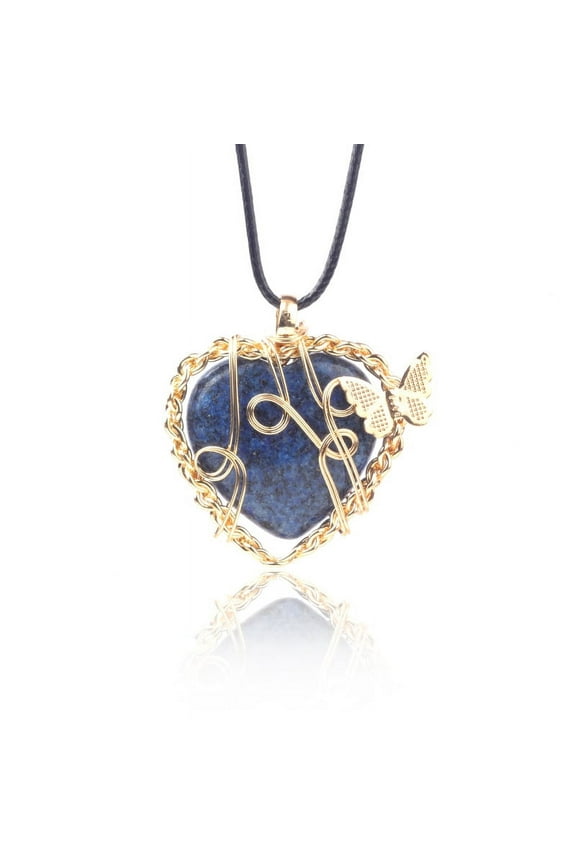necklace pendant, handcrafted for men and women, with a butterfly life tree pendant wrapped in silk. Natural crystal stone heart-shaped necklace (blue)