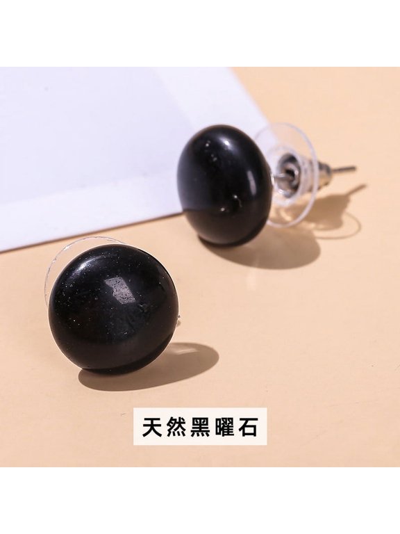 personalized natural stone earrings, natural crystal stone bread beads earrings Simple temperament crystal Mantou beads earrings (black)
