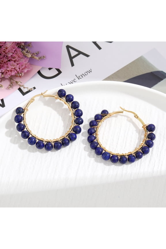 personalized natural stone earrings, natural stone stainless steel wire wound earrings with beaded earrings, retro colored earrings (dark blue)