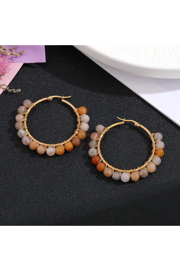 personalized natural stone earrings, natural stone stainless steel wire wound earrings, beaded earrings, retro colored earrings (light brown)