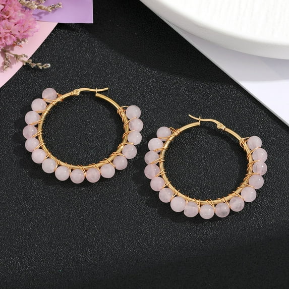 ERDOUY personalized natural stone earrings, natural stone stainless steel wire wound earrings, beaded earrings, retro colored earrings (light pink)