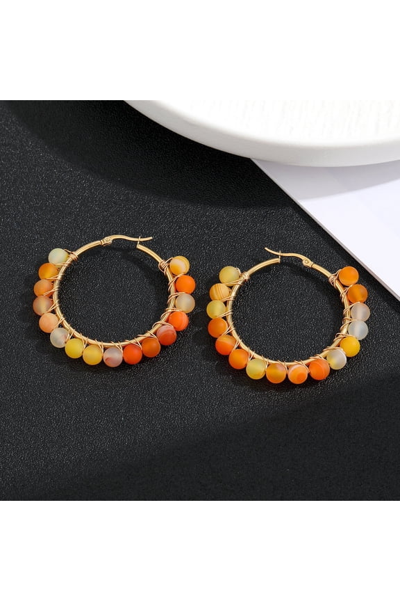personalized natural stone earrings, natural stone stainless steel wire wound earrings, beaded earrings, retro colored earrings (orange)