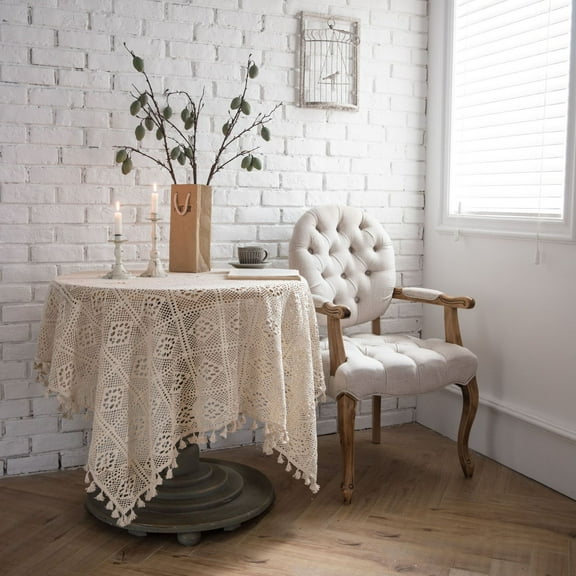 ERDOUY rural crochet tablecloth, table cloth, woven tablecloth, hollowed out tablecloth, piano towel, shooting prop, knitted tablecloth (white tassel, 140 * 140cm)