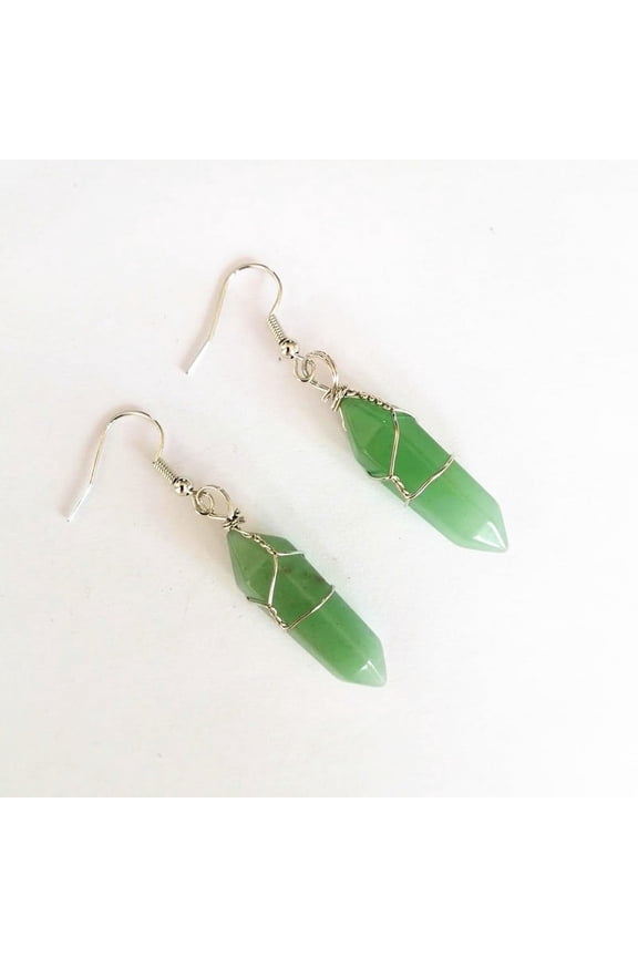suitable for both men and women, natural stone crystal silver thread wrapped hexagonal pillar pendant earrings (green)