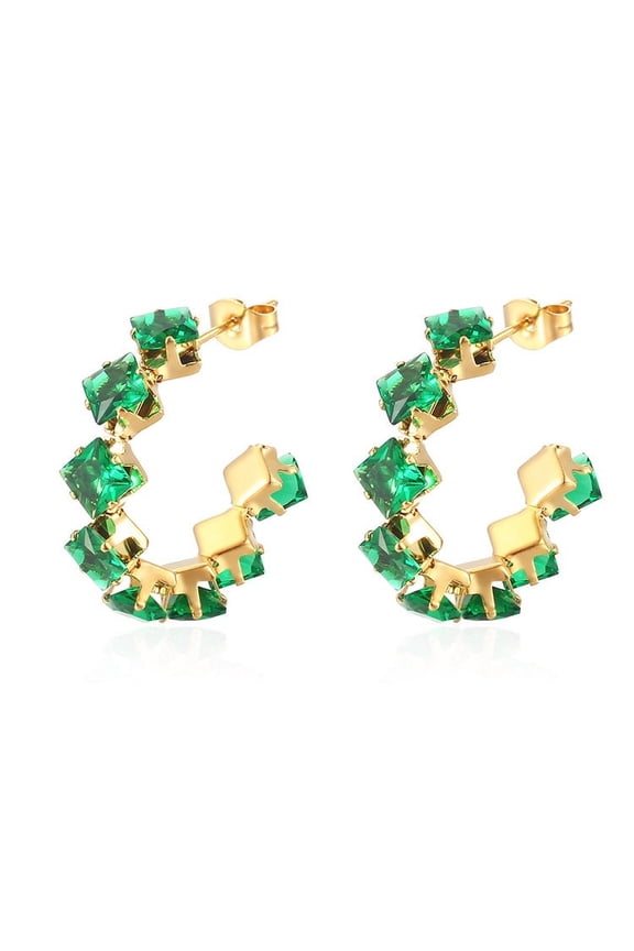 suitable for both men and women, stainless steel cubic zirconia earrings, simple and fashionable titanium steel rainbow rhinestone earrings (green)