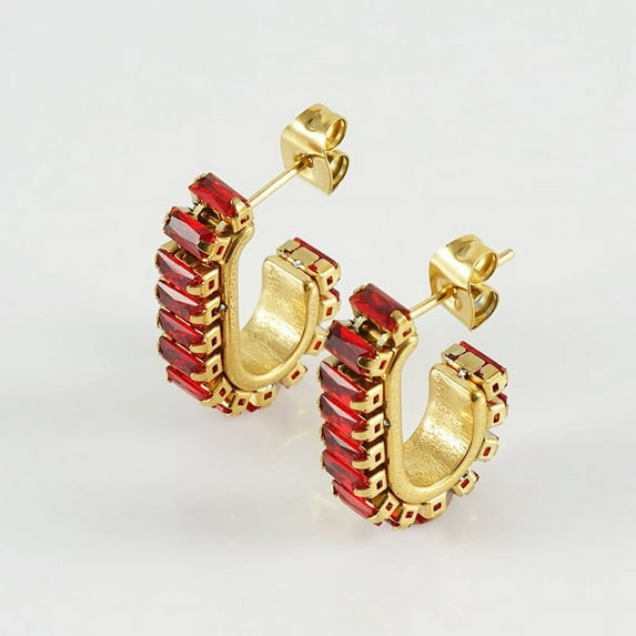 ERDOUY suitable for both men and women, versatile U-shaped set with zircon full diamond earrings, titanium steel niche design earrings and earrings (red)