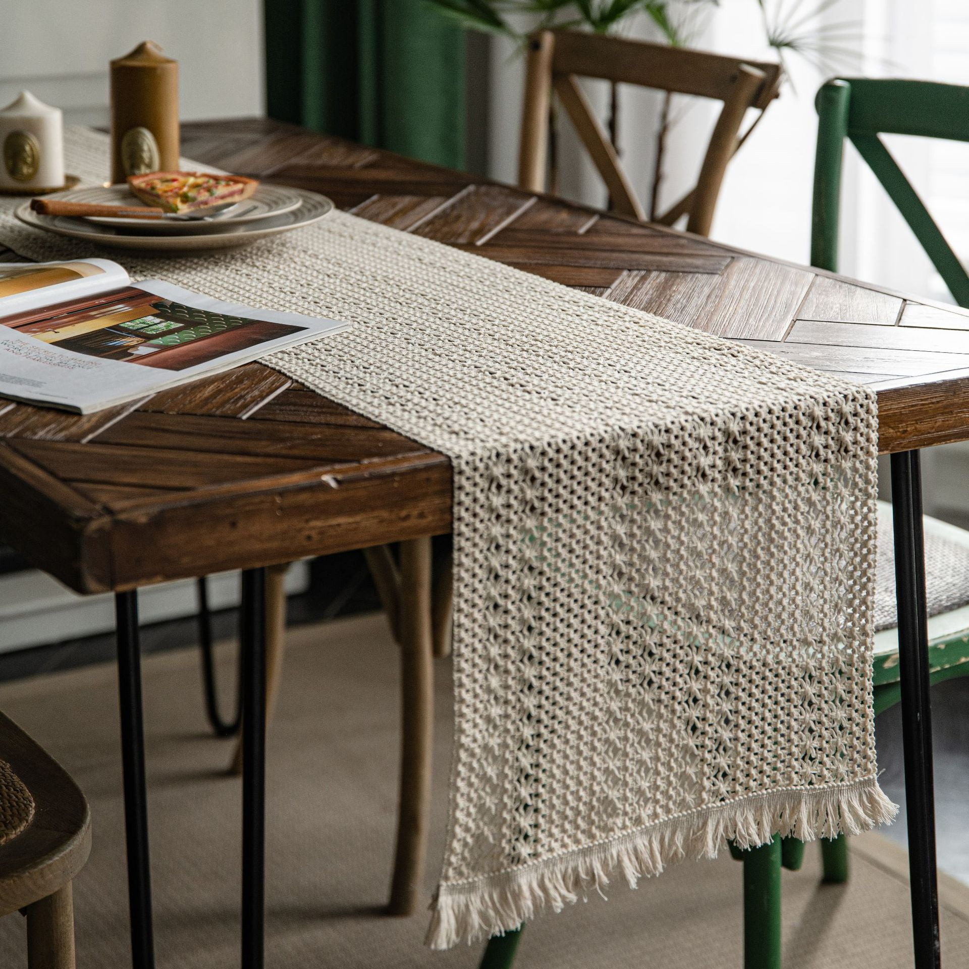 ERDOUY table flag cotton linen splicing solid color woven tassel ...