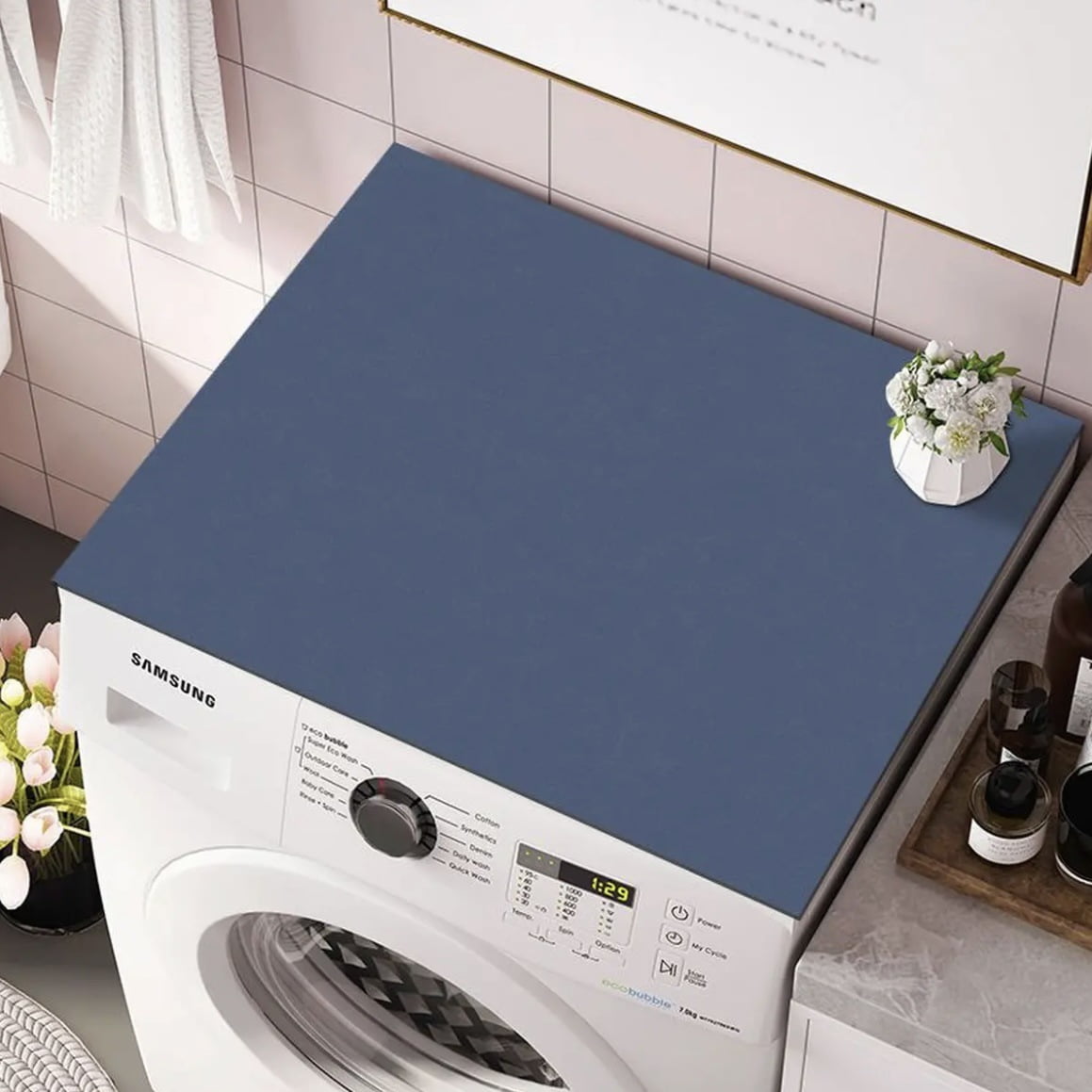 ERDOUY washing machine dryer dust mat, used for top creative washing machine dust mat, quick drying water absorbing mat, kitchen laundry room top protective mat (Navy Blue, 31.5*19.7in)