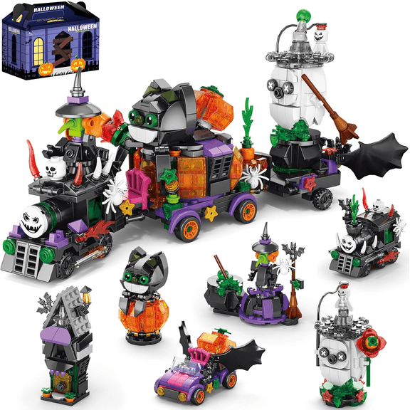 ERETOY Halloween Toys Building Blocks Ghost Trains Brick Set 6 in 1 - 601PCS Ghost Trains, Cat Jack-O'-lantern, Phantom, Batmobile, Halloween Witch, Haunted Houses - Halloween Birthday Gifts for Kids