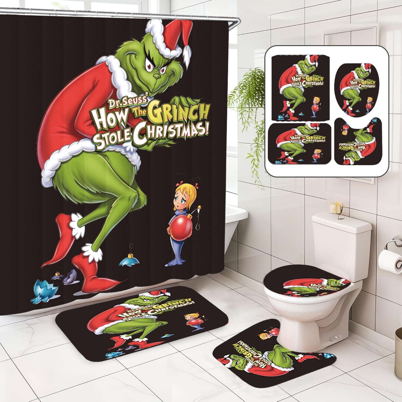 ERFGJ Christmas Shower Curtain Set How The Grinch Stole Christmas ...